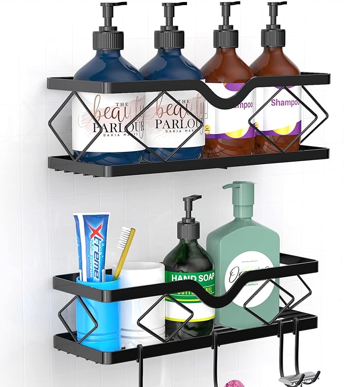 2 Pack Adhesive Shower Caddy Bathroom Shelf, Stainless Steel Shower Organizer Shower Shelves for Inside Shower No Drilling Rustproof Conditioner Shampoo Storage Holder(Black)