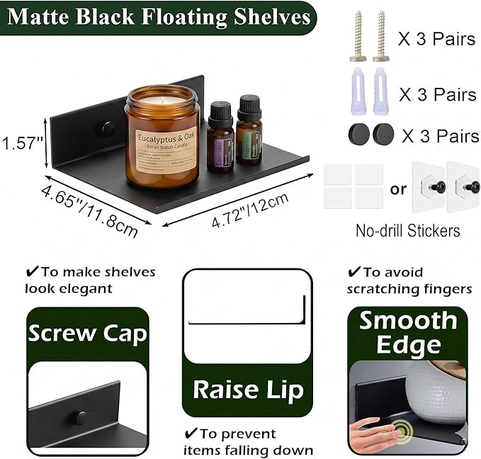 Z metnal Small Floating Shelves for Action Figures & Collectibles, No Drill Mini Metal Wall Display Shelf for Gaming Room & Bedroom Decor, Aluminum, 4.7", Black, 2 Pack