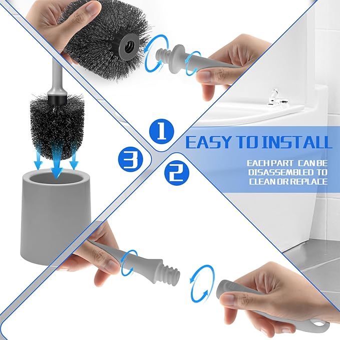 Toilet Brush and Holder 4 Pack with Long Handle - Non-Slip Grip Toilet Bowl Brush Set for Deep Cleaning Bathroom, Toilet Scrubber- Gray
