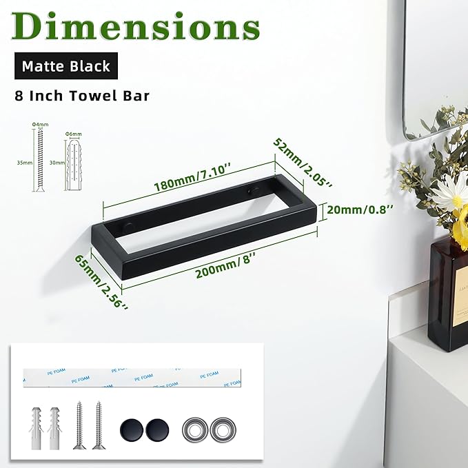 Alise Hand Towel Holder,Wall Mount Towel Bar for Bathroom,Towel Rack for Lavatory,8 Inch Towel Hanger SUS304 Stainless Steel Towel Rail,Matte Black 【2-Pack】