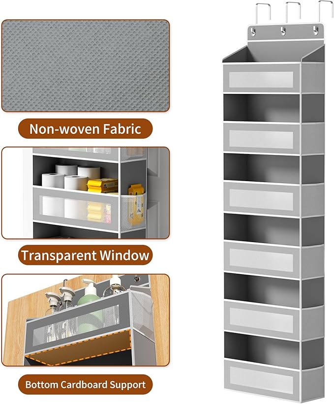 6-Tier Over The Door Organizer with Large Pocket, Over the Door Storage 12 Side Pockets, Hanging Door Organzier 44 lb Load Behind Door Storage Hanging Shelf for Closet Wall Bathroom Nursery, Grey