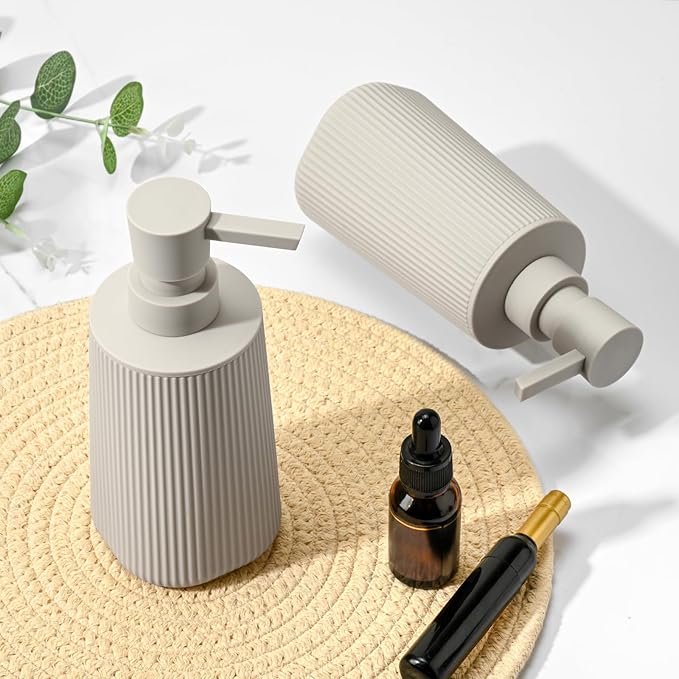 Beige 2 Pack Hand Soap Dispensers Set with No Rust Pump for Bathroom and Kitchen Countertops Refillable Matte Striped Plastic 8.5 oz