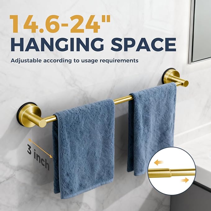 14.6inch~24inch Towel Racks for Bathroom,Adjustable Suction Cup Towel Bar for Bathroom Wall,Stainless Steel Bath Towel Holder for Shower,2 Pack(Brushed Gold)