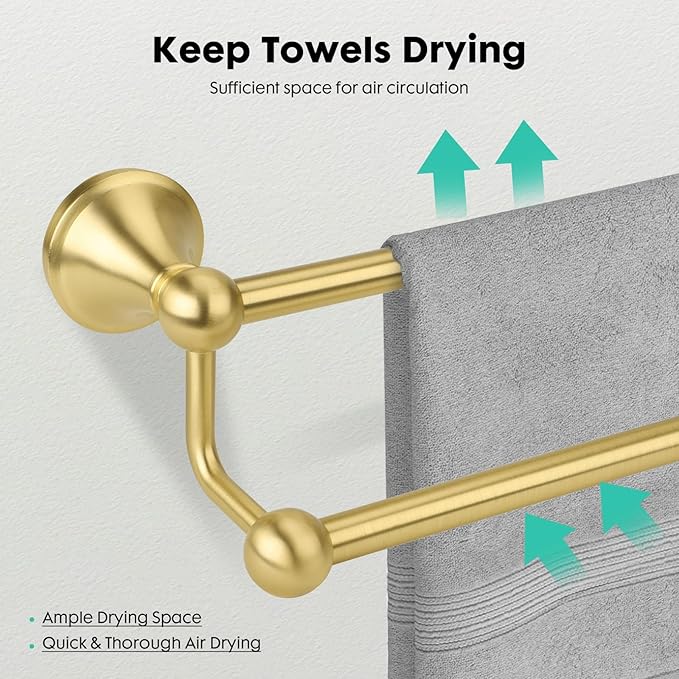 Antique Bathroom Double Towel Bar Brushed Gold, 24 Inch Towel Racks for Bathroom Wall Mounted,Bathroom Towel Holder,Two Towel Rod Hanger for Hotel
