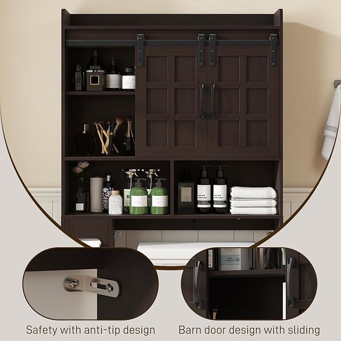 Halitaa Over The Toilet Storage Cabinet, Farmhouse Storage Cabinet Over Toilet with Sliding Doors，Home Space-Saving Toilet Rack, for Bathroom, Restroom, Laundry. Espresso