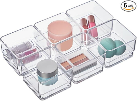 STORi SimpleSort 6-Piece Stackable Clear Drawer Organizer Set | 3" x 3" x 2" Square Trays | Small Makeup Vanity Storage Bins and Office Desk Drawer Dividers | Made in USA