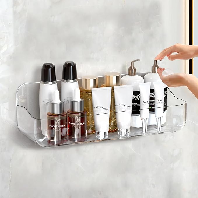 Acrylic Shower Shelves,Self Adhesive Bathroom Shelf No Drilling, Clear Shower Caddy with Adhesive Strips, Drain Holes, Wall Mounted Shower Organizer for Bathroom Storage, Large