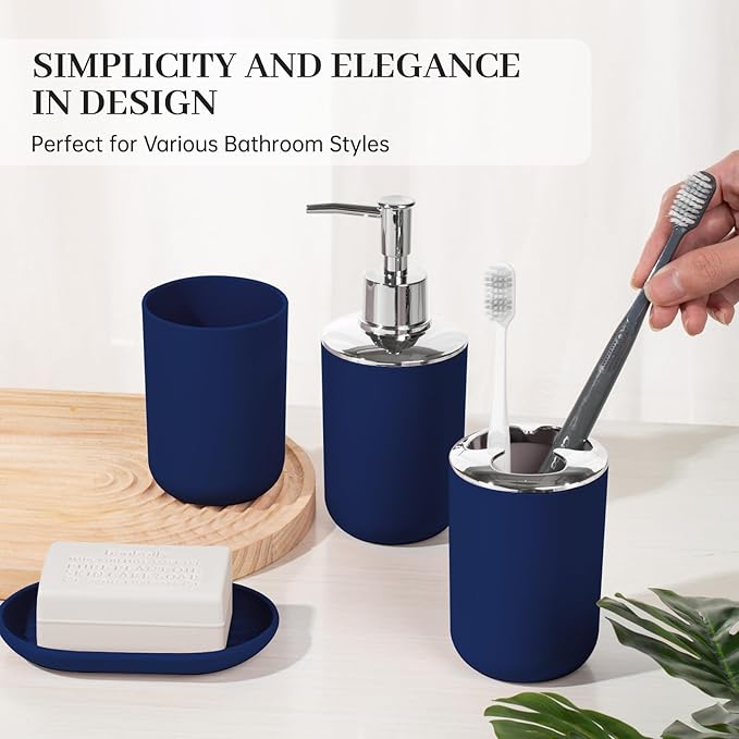 Bathroom Accessory Set, 4 Pcs Plastic Bathroom Set Include Soap Dispenser, Soap Dish, Toothbrush Holder, Mousewash Cup, Modern Bahtroom Décor Set, Space Save for Bathroom (Blue)