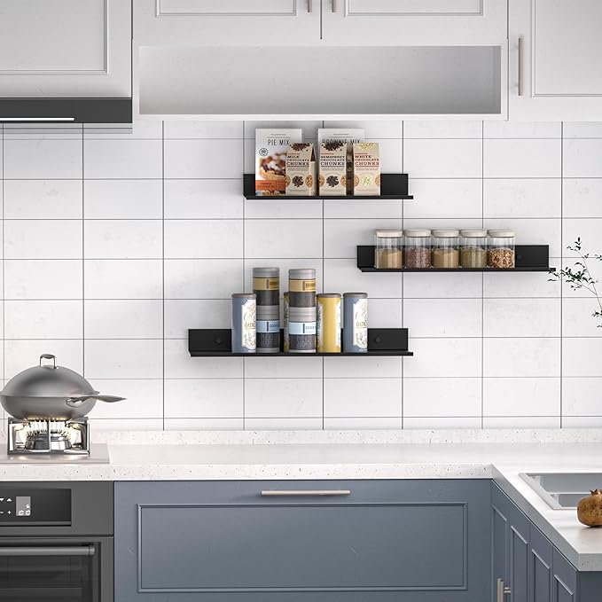 Wisfame Floating Shelves for Wall Set of 3, Black Metal Wall Shelves for Bathroom 11.8/13.8/15.7 in, Modern Small Adhesive Shelf for Living Room, Bedroom, Office, Kitchen