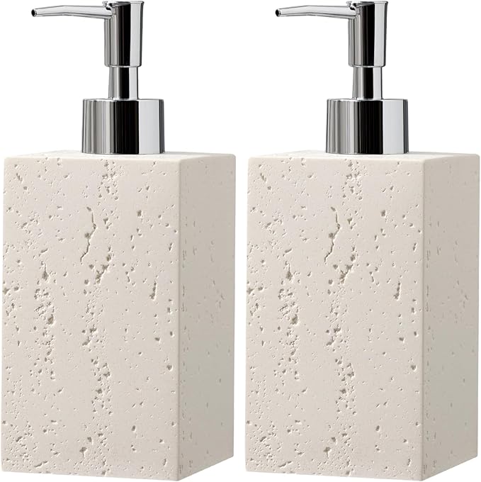 Soap Dispenser 420ML 14OZ, 2pcs Luxurious Hand Dish Soap Dispenser Set, Refillable Lotion Bottle with Rustproof Pump for Bathroom Countertop Kitchen Sink (Off White)