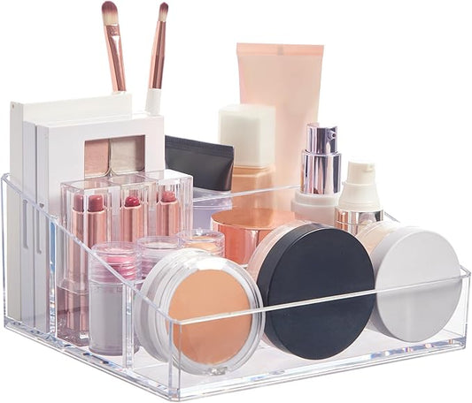 STORi Clear Plastic Small Countertop Vanity Makeup Organizer, Compact Rectangular 4-Compartment Holder for Brushes, Eyeshadow Palettes, & Beauty Supplies, Made in USA