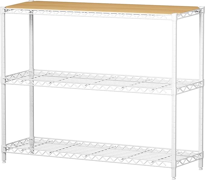 Homeiju 3-Shelf Storage Rack, 41" Wide Adjustable Standing Metal Shelving Unit with Removable Wooden Boards, Heavy Duty for Pantry, Bathroom, Garage, Entryway, Plant Stand, White