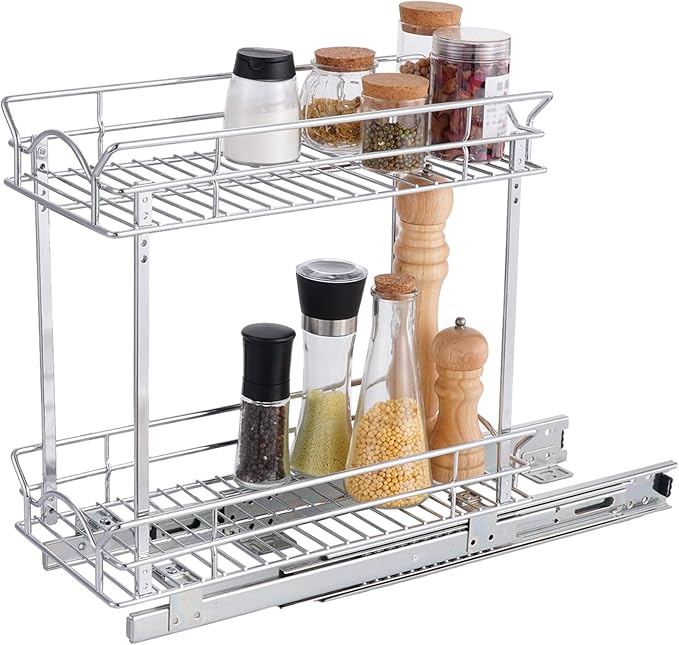 OCG Slide Out Cabinet Organizer for Narrow Cabinet (7" W X 21" D), 2 Tier Pull Out Shelves Slim Sliding Cabinet Organizer and Storage, Chrome