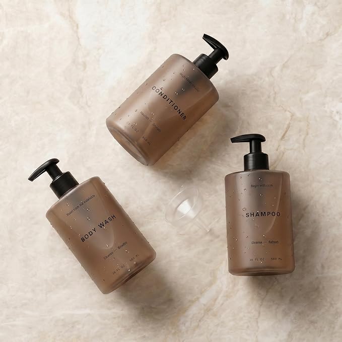 Stylish Shampoo and Conditioner Dispenser Set of 3 - Modern 20oz Shower Soap Bottles with Pump and Labels - Easy to Refill Body Wash Dispensers for an Instant Bathroom Decor Upgrade