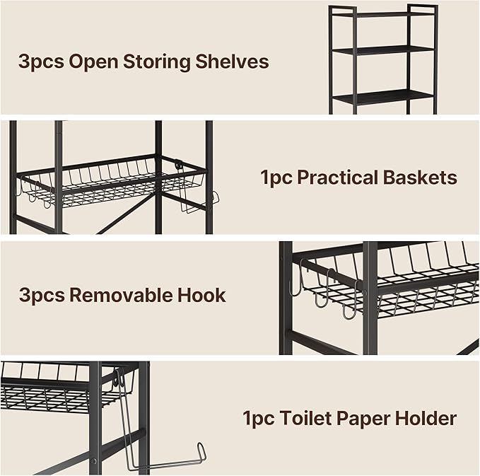 Gizoon Over-The-Toilet Storage Rack with Adjustable Shelf and Basket, 4-Tier Freestanding Space Saver Bathroom Shelves Above Toilet for Room