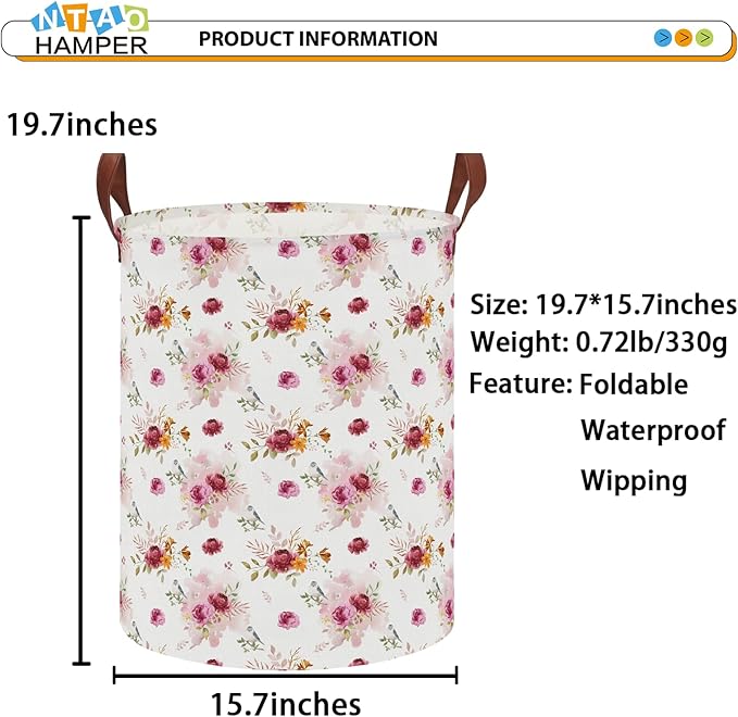 NTAOHAMPER Retro Pink Floral Large Laundry Hamper,Laundry Basket,Baby Nursery Hamper,Waterproof Storage Bin,Clothes Organizer Basket,Room Decor(Retro Pink Floral）