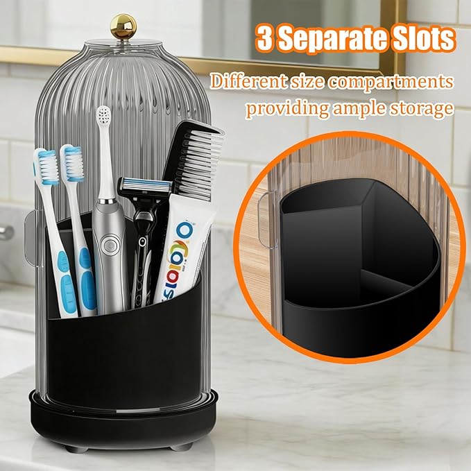JEESA Toothbrush Holder Organizer, with Drainage Holes, with Dustproof Cover, 360 Rotating, 3 Slots, for Bathroom Countertop, Black