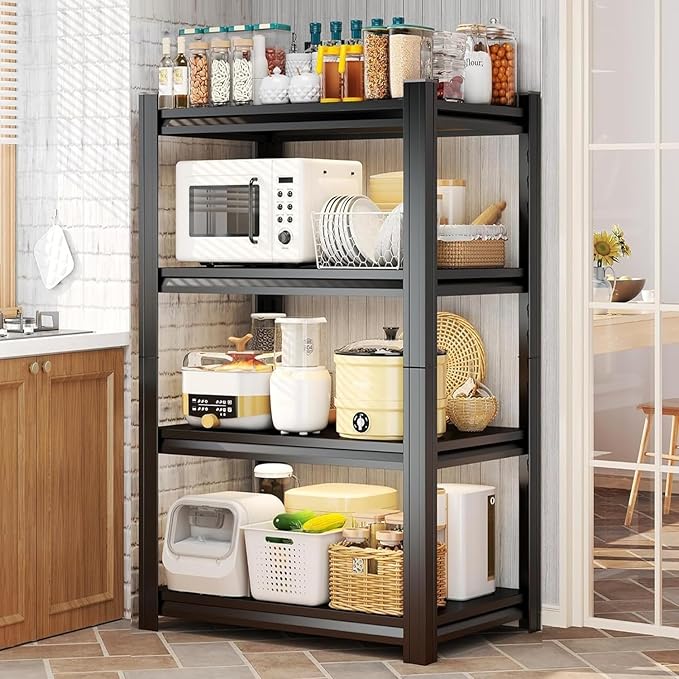 4-Tier Kitchen Shelf Organizer, Solid Metal Adjustable Storage Rack for Pots, Pans, Bottles & Pantry Goods, Space-Saving, Black (63" H x 39" W x 17.7" D)