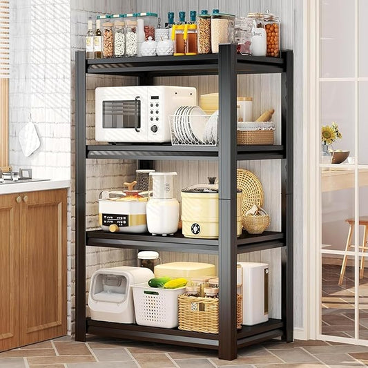 4-Tier Kitchen Shelf Organizer, Solid Metal Adjustable Storage Rack for Pots, Pans, Bottles & Pantry Goods, Space-Saving, Black (63" H x 39" W x 17.7" D)