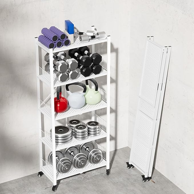 Folding Shelves No Assembly, 5 Tier Heavy Duty Foldable Storage Shelves with Wheels, 220LBS Per Shelf Metal Collapsible Rack for Garage Pantry, White