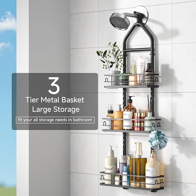 3 Tier Hanging Shower Head Caddy, Adjustable Hanging Shower Caddy Over Showerhead, Standing Shower Caddy No Drilling Handing Racks Rustproof for Bathroom Shampoo Soap Storage