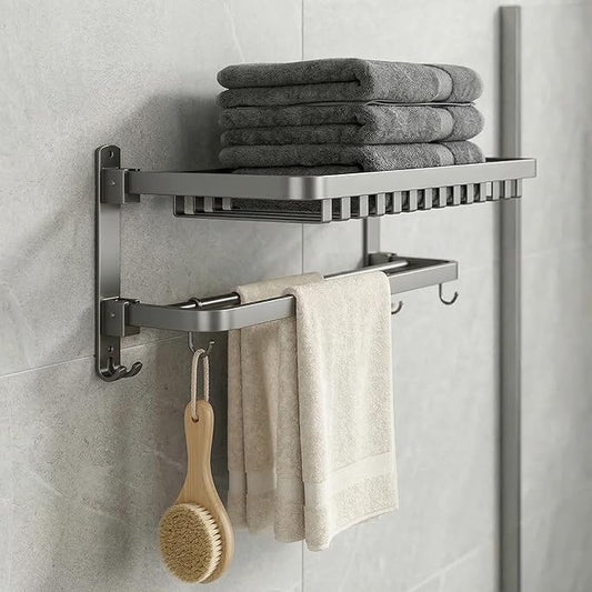 24 inch Towel Rack for Bathroom Wall Mounted, 2 Tier Foldable Bathroom Shelf with Tower Bars, Sturdy&Durable Aluminum Bath Towel Holder Lavatory Storage Organizer