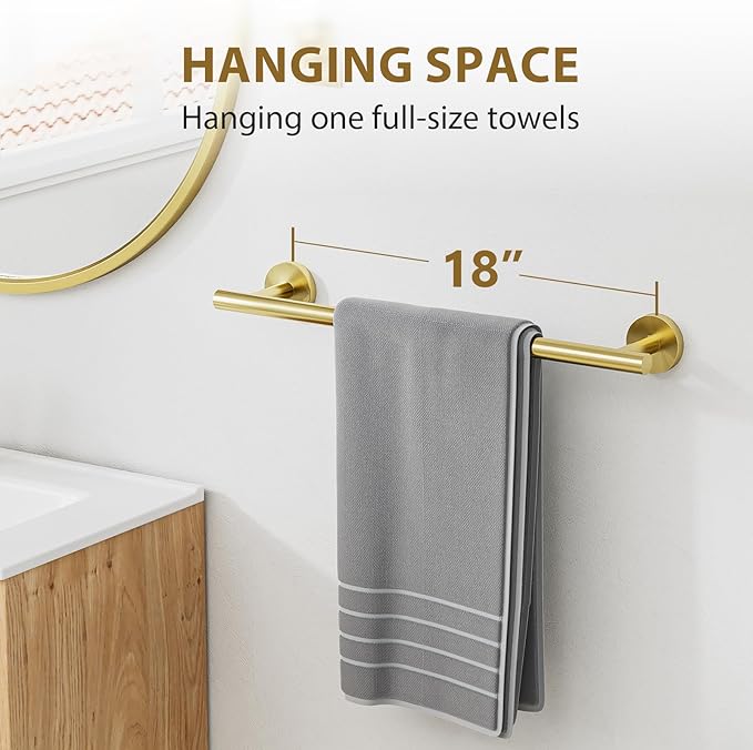 Brushed Gold Towel Bar 18 Inch (Total Length 20-Inch), Thicken Towel Rack for Bathroom Wall, SUS304 Stainless Steel Towel Rod, Modern Home Decor