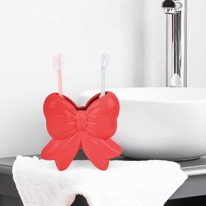 Cute Toothbrush Holder, Ceramic Bow Toothbrush Holder, with Drain Hole Bathroom Countertop Accessories, for Bathroom Canister Storage Organization, Vanity Makeup Organizer (Red)