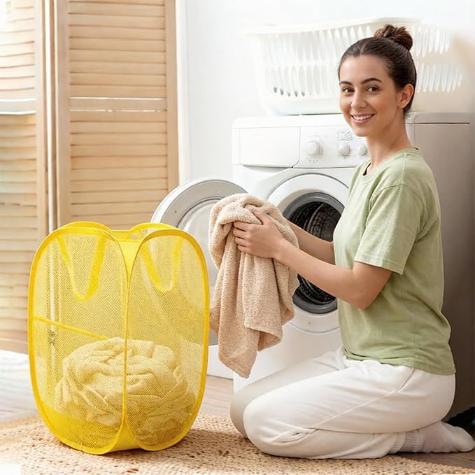 Pop up hamper, the upgraded laundry basket with breathable side pocket mesh. Ideal for room, apartment, dormitory, travel, business trip & kids storage (1,yellow)