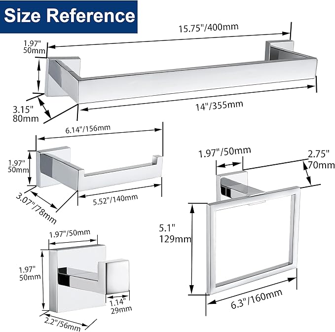 10 Pieces Bathroom Hardware Accessories Set Polished Chrome, Bathroom Towel Rack Set SUS304 Stainless Steel, Square Bath Towel bar Set Heavy Duty, Wall Mounted