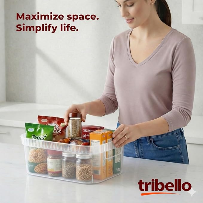 Tribello Modern Cabinet Organizers And Storage Pantry Shelf Organizer - Clear Plastic Storage Bins - (Medium - 12” X 8” X 4”)