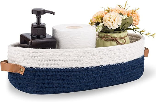 Toilet Basket,Woven Storage Basket for Toilet Tank Top Farmhouse Home Decor Organizing Baskets 13"x5.9"x4" Navy Stitching White
