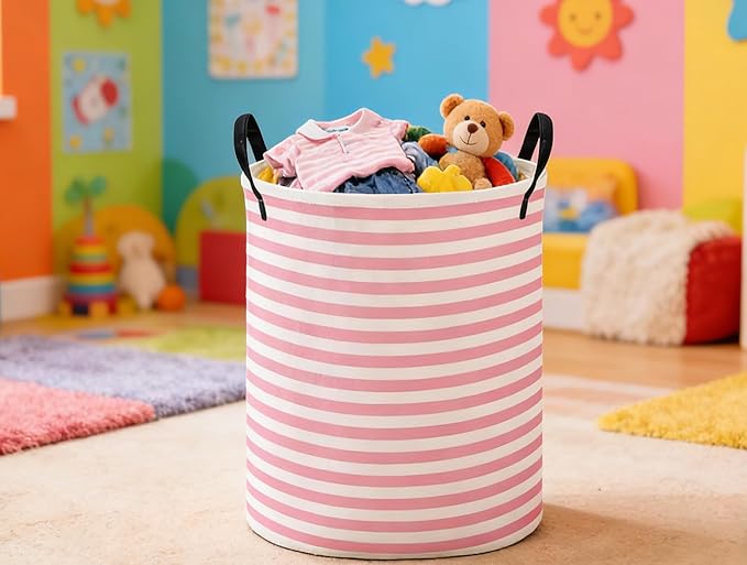 ESSME Kids Laundry Basket,Pink Hamper Collapsible Canvas Waterproof Storage Bin for Girls, Cute Hamper,Gift Baskets(Pink stripes)