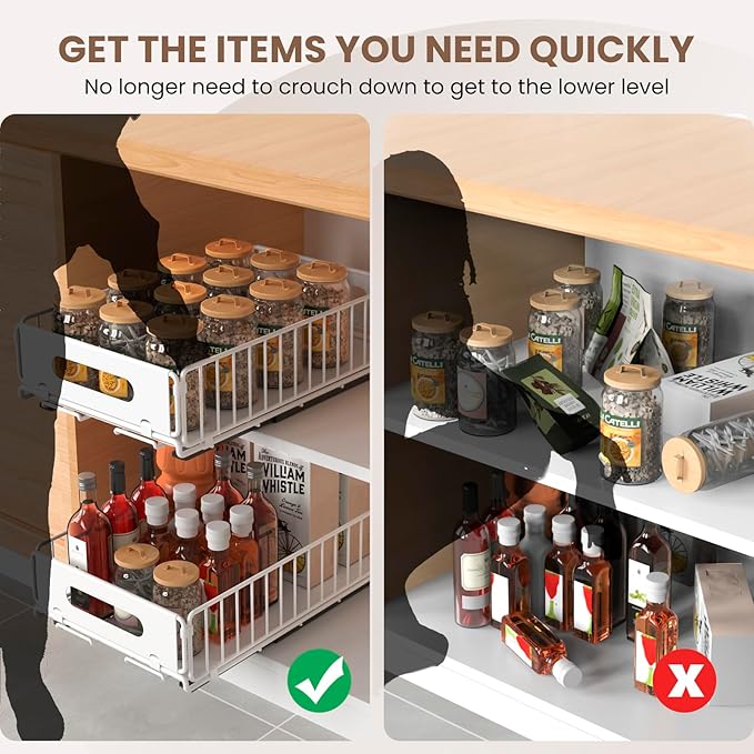 2 Pack Pull Out Cabinet Organizer, Heavy Duty Slide Out Pantry Drawers Shelves Storage With Strong Adhesive Strips and Handle for Kitchen, Bathroom, Living Room, Home (14.8"D X 9.6"W X 3.9"H)