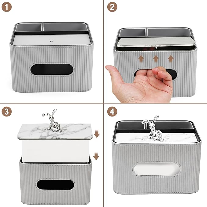 Tissue Box Cover Rectangle with Storage Organizer,Grey Leather Tissue Box Cover for Bathroom, Night Stands,Office Desk,Living Room, Decorative Tissue Holder,Compact Size for car Tissue Refills