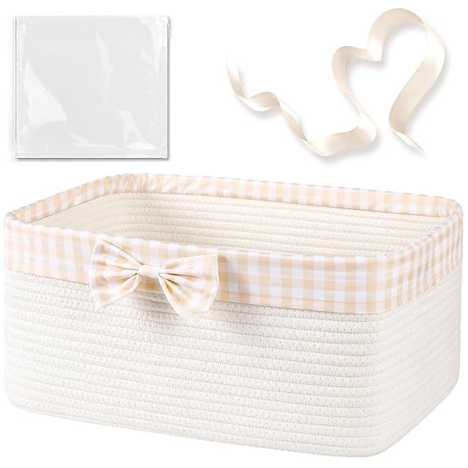 OIASKET Basket for Gifts Empty, Large Gift Basket 19L with Gift Bag and Ribbon, Woven Cotton Basket for Baby Showers, Birthday, Wedding, Mother's Day, 15.35"x11.42"x6.69", White and Cream