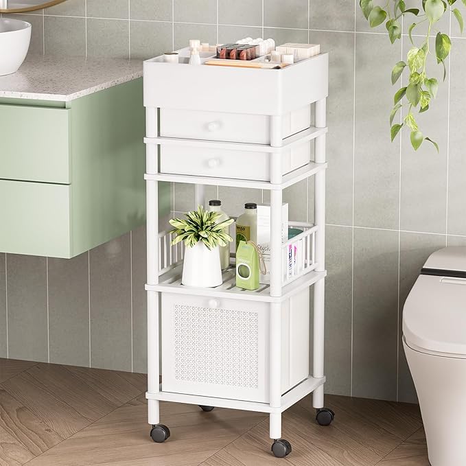 Amazer Bamboo Makeup Organizer Cart with 3 Drawers, Floor Skin Care Storage for Bathroom Bedroom, Rolling Vanity Organizer Cart for Cosmetic, Nail Polish, Perfume and Hair Tools, White