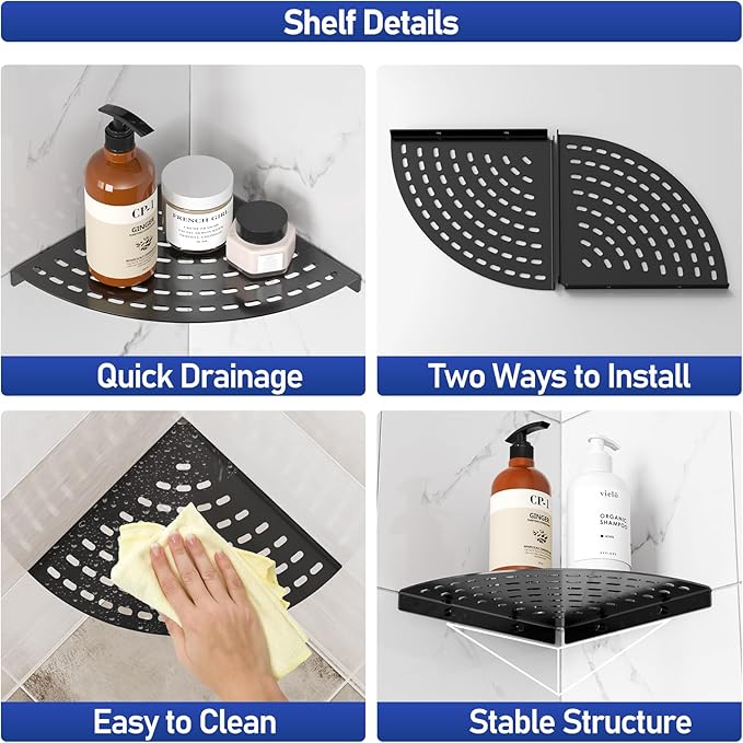 2 Pack Corner Shower Shelves 304 Stainless Steel Shower Corner Shelf Matte Black 8 in Corner Shower Shelf Prevent Rust Drilling Installation