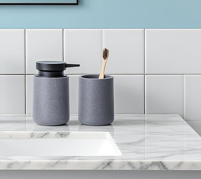 Clasin Home 3 Pcs Bathroom Accessories Set, Liquid Soap Dispenser with Large Pump, Toothbrush Holder Cup and Soap Dish, Sandstone Texture Bathroom Counter Set for Modern Home (Gray)