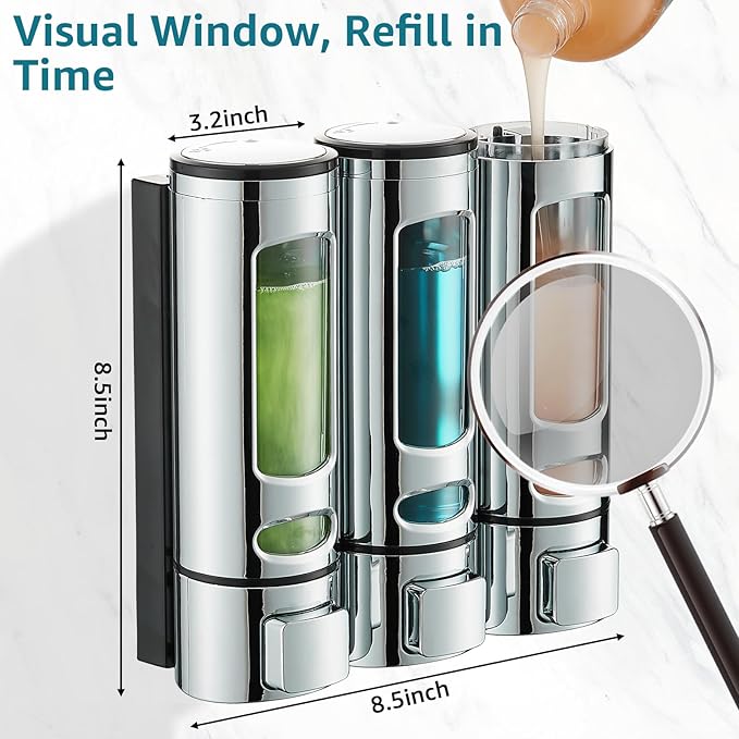 Shampoo and Conditioner Dispenser,Shower Shampoo Dispenser 3 Chamber No Drilled Shampoo Dispenser for Shower Wall Mounted Shower Dispenser Body Wash Dispenser for Bathroom Kitchen Hotel,Chrome