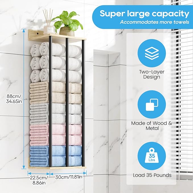 Towel Racks for Bathroom Wall Mounted, 3 Bar Wall Towel Rack for Rolled Towels, Metal Towel Holder with Wooden Shelf, Sturdy and Large Capacity, Towel Storage Organizer