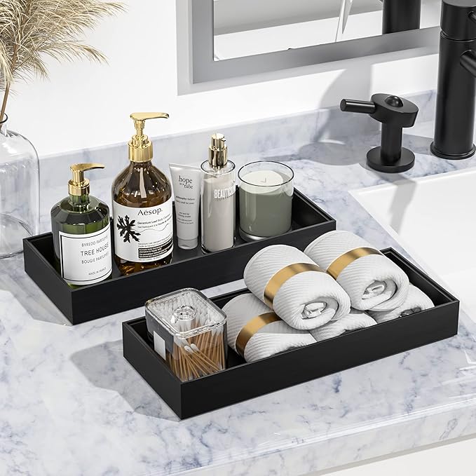 Toilet Tank Tray for Modern Black Bathroom Decor Set of 2 Toilet Tank Topper Paper Storage Decorative Organizer Box Wood Vanity Tray for Counter Decor Dresser Tops 15" x 6" x 2" (Black)