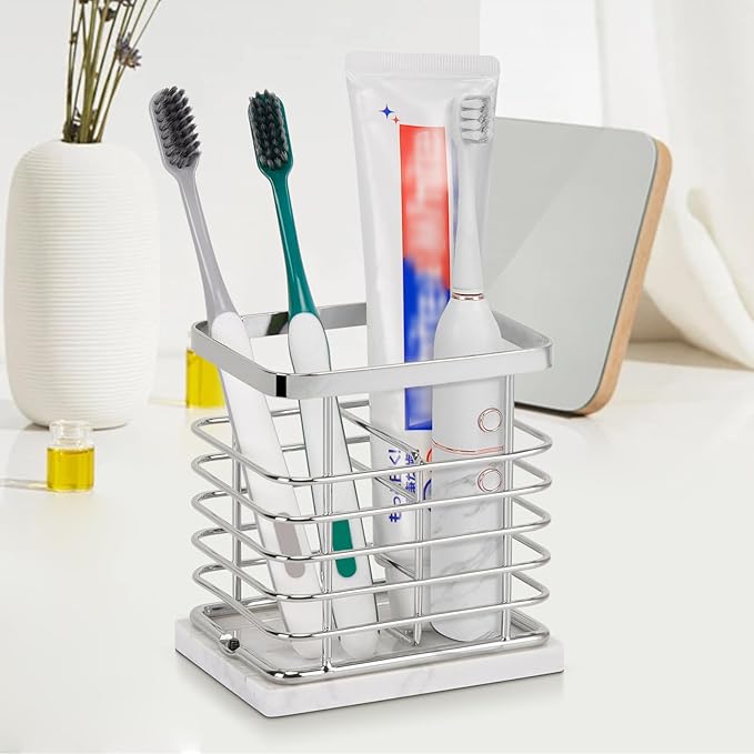 Toothbrush Holder, Luxurious Metal Toothbrush Toothpaste Holder with Marble Base for Bathroom, Multi-Slots Openwork Design, Bathroom Accessory for Storage and Organizer (Small, Chrome)