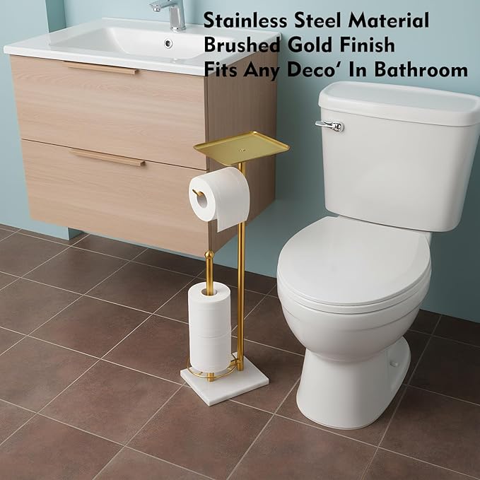 Gold Toilet Paper Holder with Shelf, Free Standing Toilet Paper Holder with Storage - Toilet Paper Stand for Holding Extra 3 Rolls, Tissue Holder for Bathroom (Gold with Marble Base)