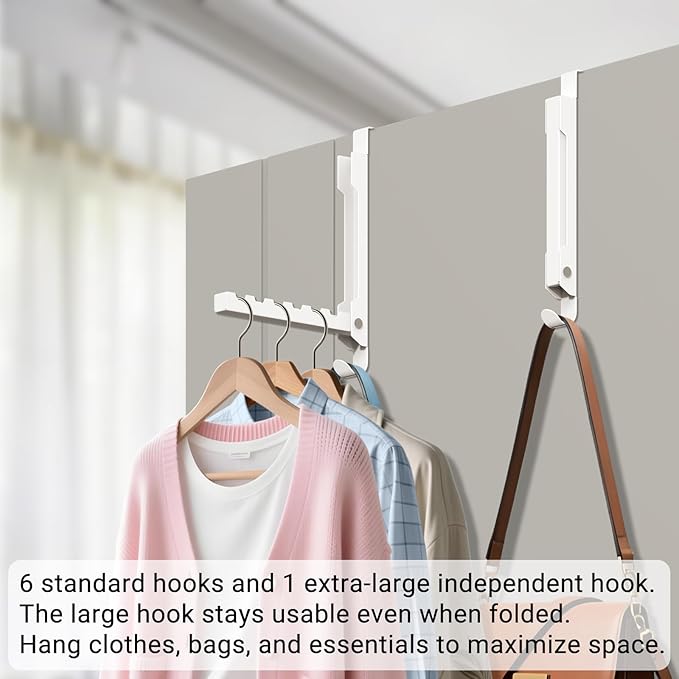 Over The Door Hooks, 7-Hook Metal Door Hanger Clothes Drying Rack, Foldable Portable Space Saving, Extra Large Hook for Clothes Coat Bag - Bedroom Laundry Room Travel, White