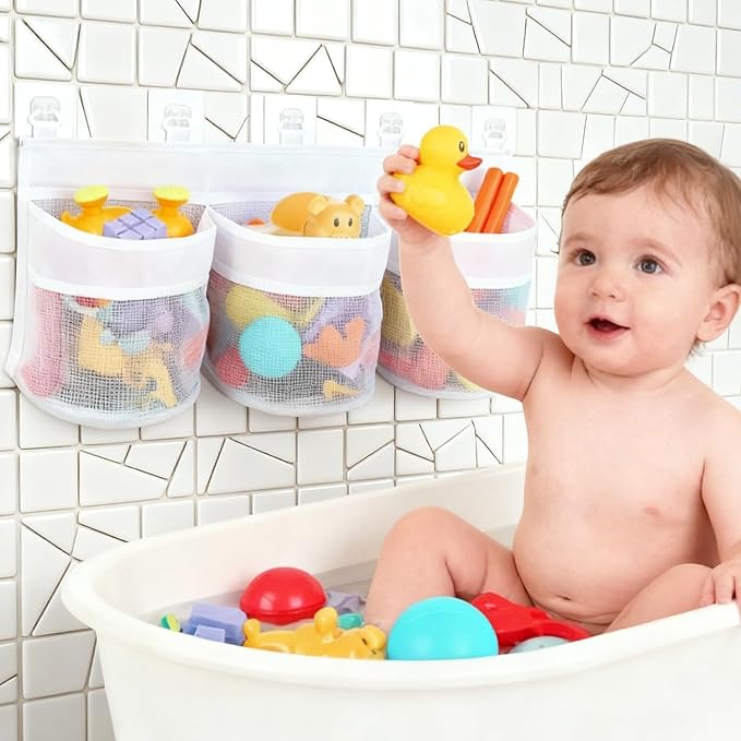 Bath Toy Storage Organizer, Multi-Use Mesh Net for Bathtub Toys, Shower Toy Holder Basket, Fits for Bathroom Wall, Shower Area, Tub Side and Poolside, Fast Draining, White