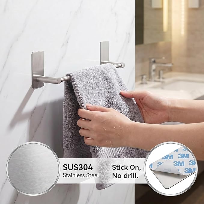 Adhesive Towel Bar 9-inch, Stick On Bath Towel Rack, Hand Towel Holders, No Drilling on Wall - Brushed Nickle