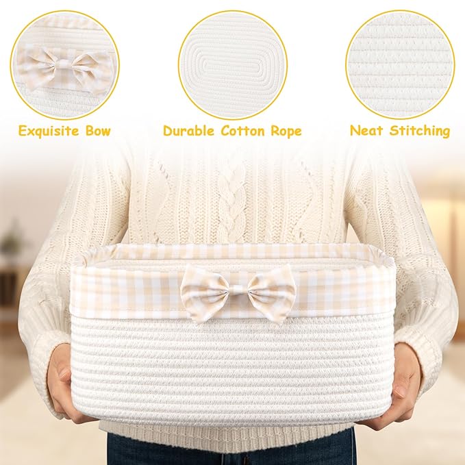 OIASKET Basket for Gifts Empty, Large Gift Basket 13L with Gift Bag and Ribbon, Woven Cotton Basket for Baby Showers, Birthday, Wedding, Mother's Day, 13.58"x10"x5.9", White and Cream