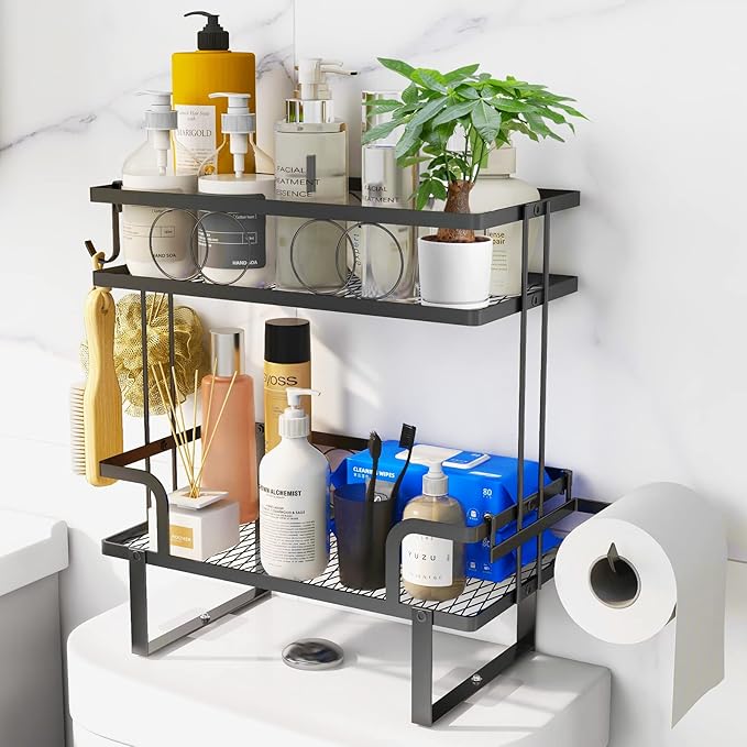 Over The Toilet Storage，Bathroom Shelves Over Toilet,2 Tier Above Toilet Storage with Hanging Hook & Toilet Paper Holder,Non-Trace Adhesive, No Drilling Toilet Organizer (Black)