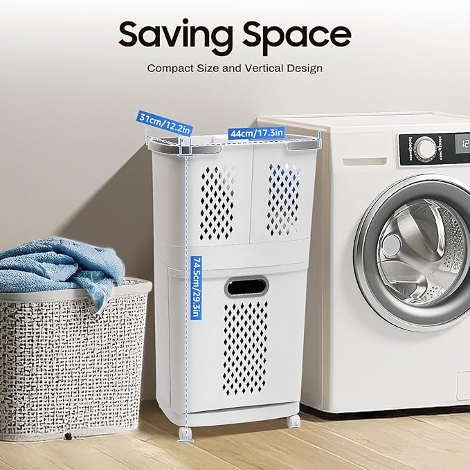 3-Layer Rolling Laundry Hamper,Removable Clothes Hamper Organizer with Wheels, Thick Storage Rack Classification Compact,Tiered Hamper 4 Partitions for Bedroom Laundry Room Bathroom(17x12in)